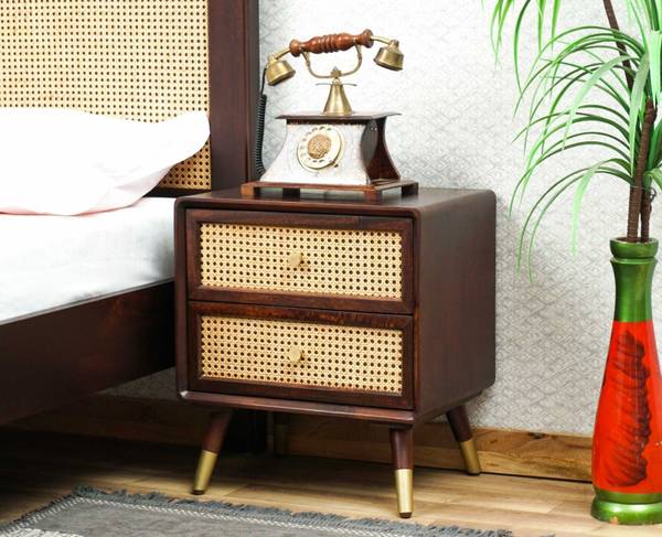 Tanishq Arts Sheesham Solid Wood Cane Bedside Table with Two Drawer for Bedroom | End Table Cane Bedside Table