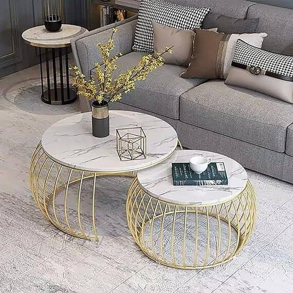 CraftOnline Round Coffee Tables Set of 2 Wood Top with Marbel Finish Metal Frame Sofa Corner Metal Side Table