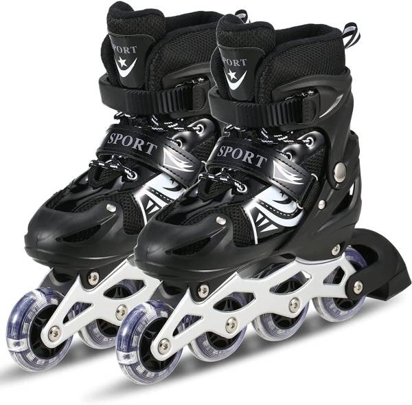 Woomzy Inline Skating Shoes Adjustable Size LED Wheels Skates for Kids Boys Girls In-line Skates - Size 6-9 UK