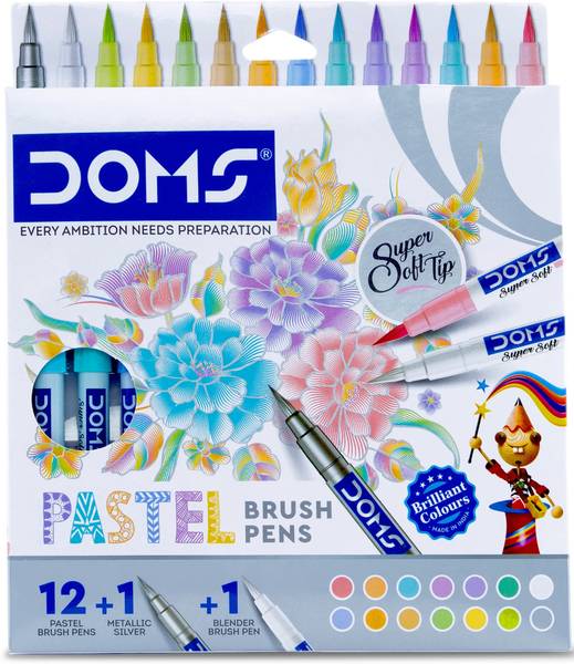 DOMS Pastel Brush Pen Set  Pack of 14 | 12 Pastel + 1 Silver + 1 Blender Brush Tip Nib Nib Sketch Pens