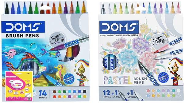 DOMS Brush Pen Set(Non-Toxic 14Shade+Super Soft Tip Pastel Shades) Brush Nib Sketch Pen