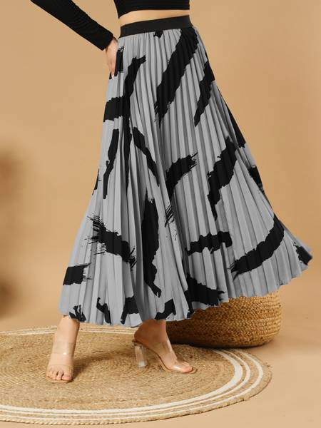 ZWERLON Printed Women Pleated Grey Skirt