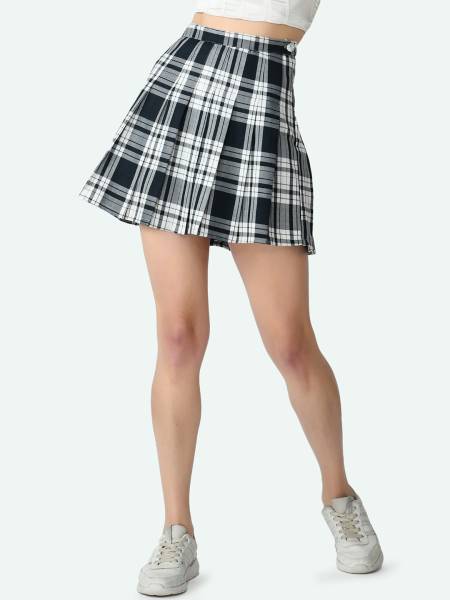 KLART Checkered Women Pleated Black, White Skirt