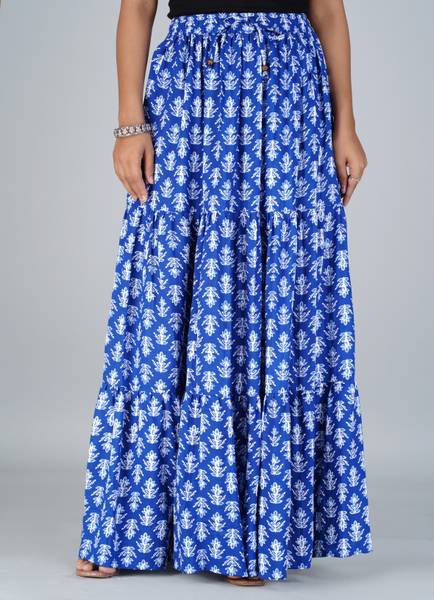 Kastoori Collection Floral Print Women Tiered Blue Skirt