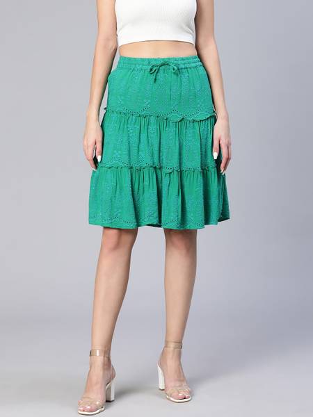 OXOLLOXO Solid Women Flared Green Skirt