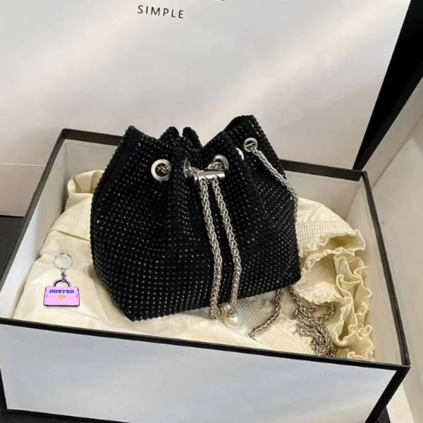DOSYSO Black Sling Bag Rhinestone Bucket bag Crossbody bag Potli sling Bag for women wedding new purse