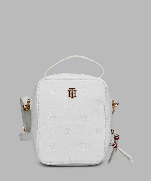 TOMMY HILFIGER White Sling Bag ODETTE II-WHITE GREIGE-TOP HANDLE XBODY-EMBOSSED TH SERIF CRITTER PVC