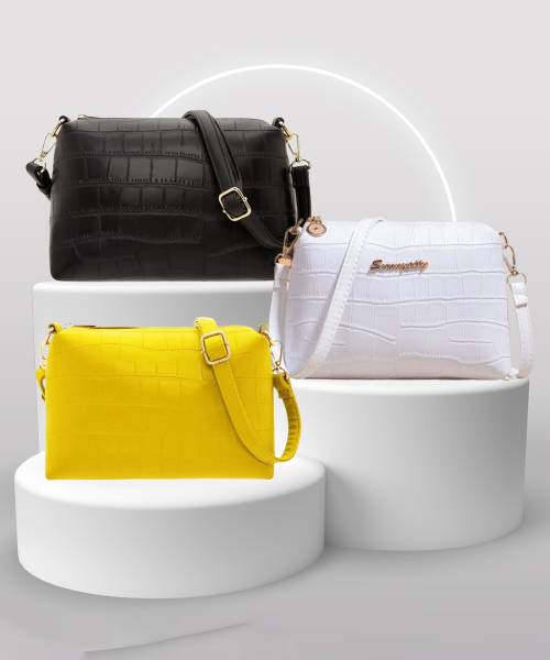 PEARLUXIS White Sling Bag Women Croco Sling bag set of 3