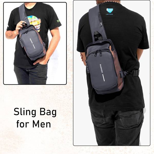 LUHI Grey, Brown Sling Bag Unisex Side Bag With Inbuilt Charging Port