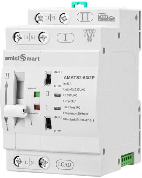 amiciSmart 63A Dual Power Automatic Control Transfer Switch, 230VAC Single-Phase Smart Switch