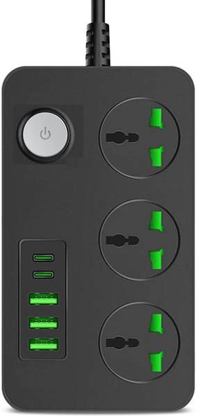 jihaan 3 USB Ports, 2 Type C Port and 3 Sockets with 3 Pin Power Surg Individual Switch Button Surge Protection Sockets Compatible Power Plug