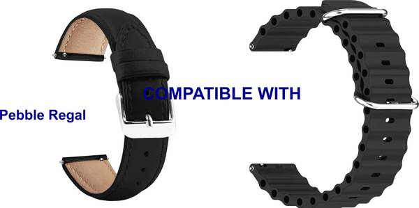 ACM WSM1418B22BKBK3899 Pack of 2 Watch Strap Leather & Silicone Belt 22mm for Pebble Regal Smartwatch (Black) Smart Watch Strap