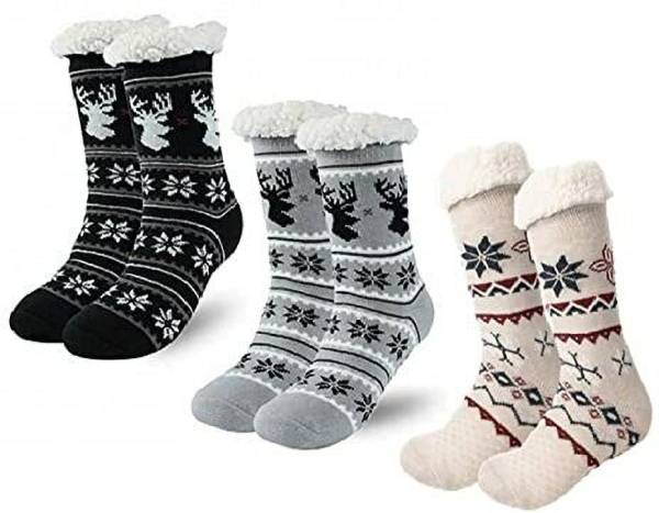 HRBS Winter Wool Glacier inside heavy Fur Socks With Random color & Pattern Pack of 3 Men & Women Printed Calf Length