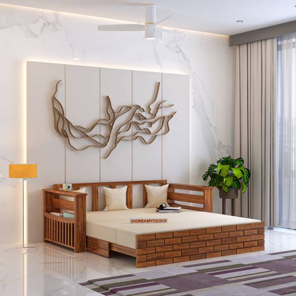 Dreamydesks Imperio Solid Wood Sofa Cum Bed with Side Storage for Living Room/1Year Warranty 3 Seater Double Solid Wood Pull Out Sofa Cum Bed