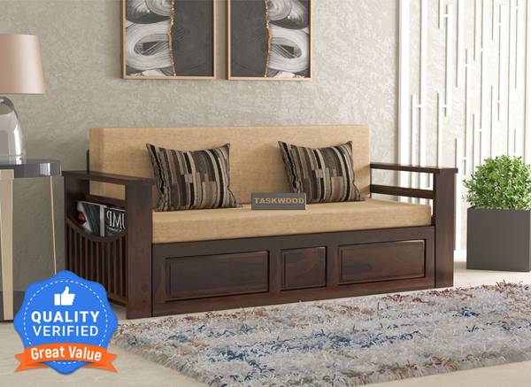 Taskwood Furniture Solid Sheesham Wood For Living Room / Hotel . 3 Seater Single Solid Wood Fold Out Sofa Cum Bed