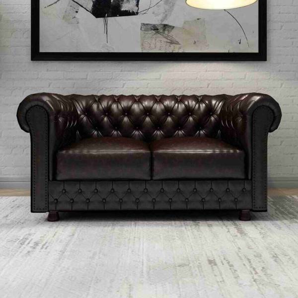 Soul Light Art Modern Wooden Chesterfield Sofa with Tufted Mattress and Deep Seat Black Half-leather 2 Seater Sofa