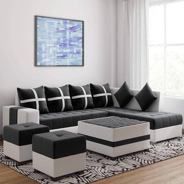 TAKELWOOD Fabric L Shaped Eight Seater Sofa Set With Coffee Table & Two Puffy For Office | Fabric 8 Seater Sofa