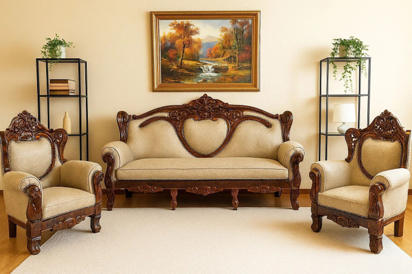 ARVISH ENTERPRISES Wooden Sheesham Wood Sofa Set Fabric 3 + 1 + 1 Sofa Set