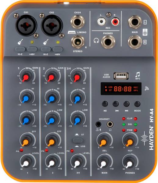 Hayden 4-Channel Pro Audio Mixer  Bluetooth, USB MP3, 48V Phantom, DJ, Karaoke, Live Digital Sound Mixer