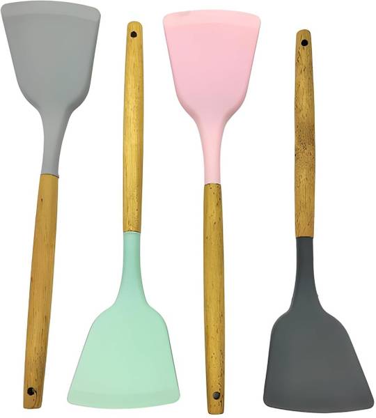 Lemon Tree Non-Stick Silicone Turner Spatula with Wooden Handle Cooking Spoon (Pack of 4) Non-Stick Spatula