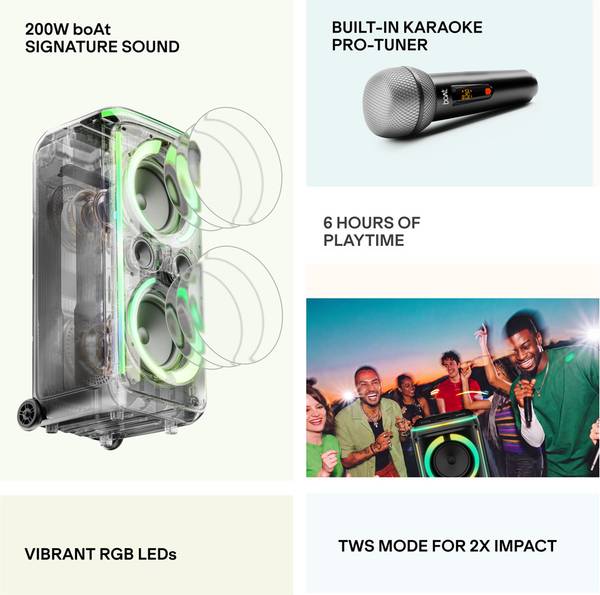 boAt PartyPal 500, 200W Party Speaker,Karaoke Auto-Tuner,UHF Mic,RGB LEDs,App Support 220 W Bluetooth Tower Speaker (Raven Black, Mono Channel) - Image 2