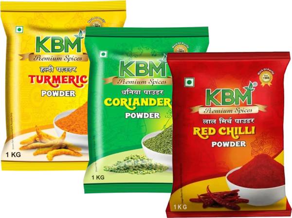 KBM Premium 100% Organic Turmeric, Coriander & Red Chilli Powder Masala Combo for Cooking