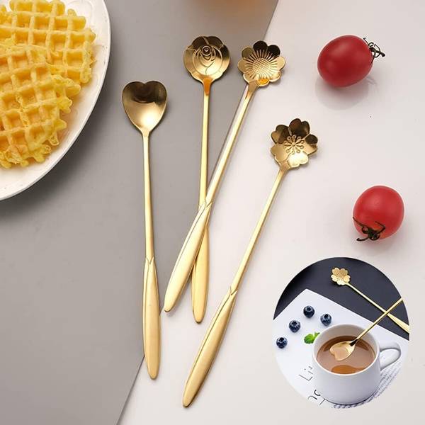 LAKSHMINARAYAN SALES 4PCS Golden Spoon Set/Coffee Spoon/Dessert Spoon/Cutlery Kitchen Tableware Disposable Stainless Steel Cutlery Set