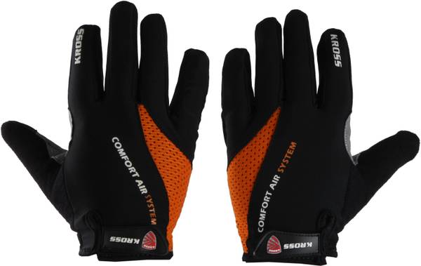Kross Cycling Gloves, Full Finger, Lycra, Soft Padding Gel, Touch screen, Orange - M Cycling Gloves