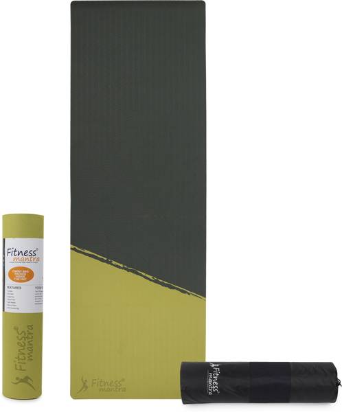 Fitness Mantra TPE 8mm Cross Color Anti-Slip Yoga Mat with Cover Bag| Army + Lemon| 8 mm Yoga Mat