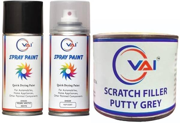 VAI Spray Paint Compatible for Maruti Suzuki Pearl Arctic White Base Coat, Top Coat With Scratch Filler Putty Grey 200 Gms for Car, Bike, 1 Putty Knif...