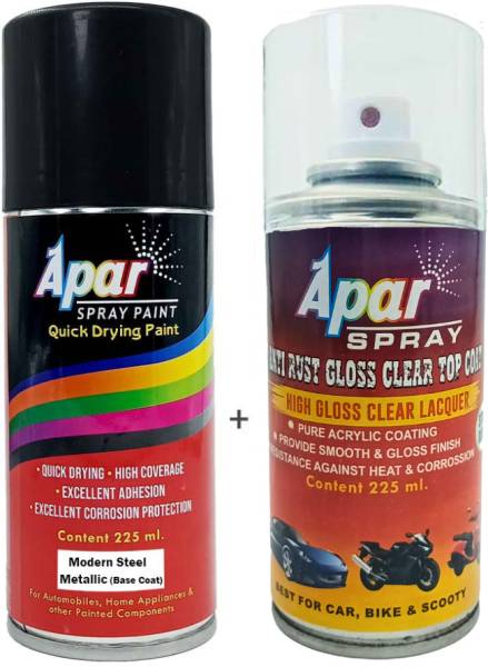 apar APAR Automotive Spray Paint Modern Steel Metallic (RC Colour Name)+ GLOSS CLEAR--225 ml, For Honda CR-V, Civic, City, WRV etc., Pack of 2 Spray P...