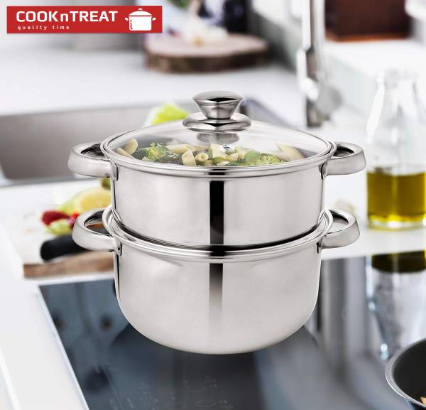 COOKnTREAT Induction Friendly 2 Tier Steamer Set with Glass Lid Stainless Steel Steamer