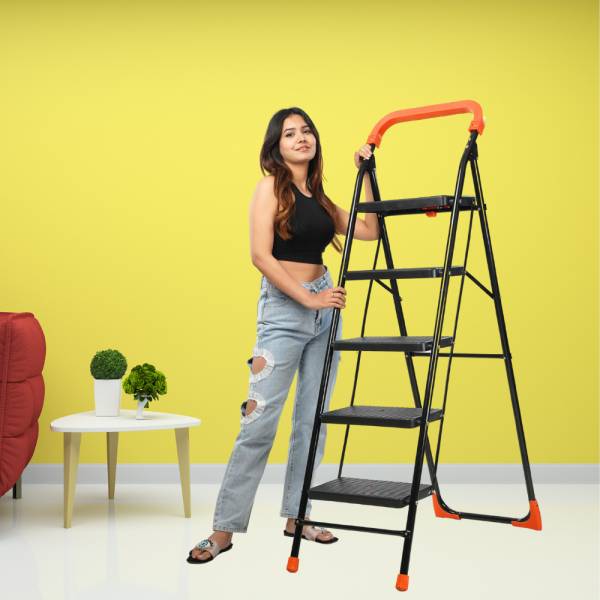 CIPLA PLAST LifeStyle 5 Steps Ladder | Premium Heavy Foldable Ladder | Wide 5 Steps | Black Plastic Ladder
