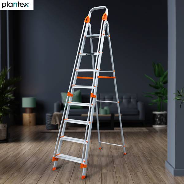 Plantex Ladder for Home/8 Step Foldable Ladder with Safe Hand Rails-(Orange-Silver) Aluminium Ladder
