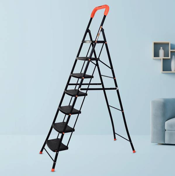Bathla Ascend 7 Step Heavy Duty Ladder for Home | Wide Anti-Slip Steps (Orange & Black) Steel Ladder