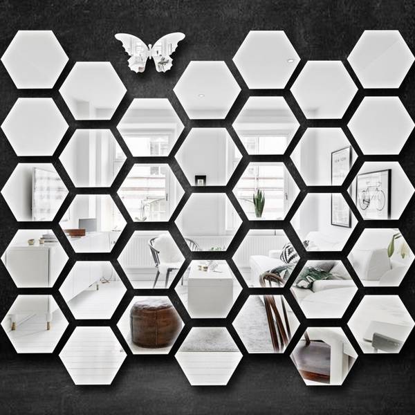 Chote Mote Seller 12 cm 30 Hexagon with 20 butterfly silver mirror sticker for wall 3D acrylic sticker Self Adhesive Sticker