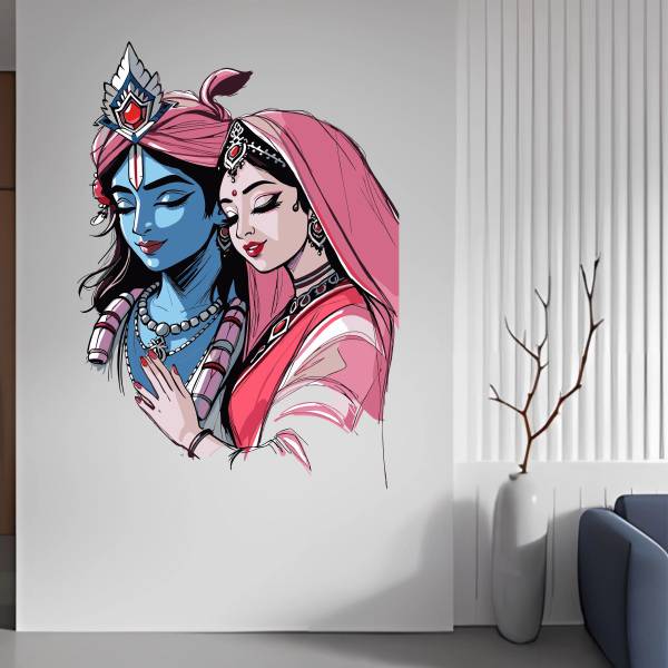 WallBiirds 60 cm Radha krishna colorful wall sticker Self Adhesive Sticker