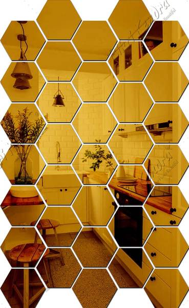 Chote Mote Seller 12 cm 40 Hexagon Golden Decorative Mirror stickers for wall, hexagon mirror Self Adhesive Sticker