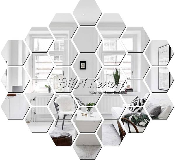 Bikri Kendra 12 cm Hexagon 30 silver mirror stickers for wall, acrylic mirror wall decor Self Adhesive Sticker