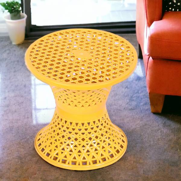 Heart Home Plastic Mesh Damroo Seating Stool|Both Sided Stool for Guestroom|Yellow Stool
