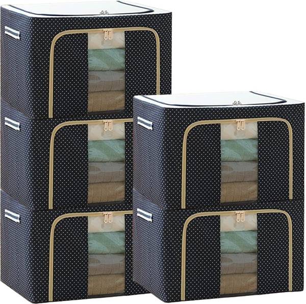 NESTIFY Storage Box For Clothes PACK OF 5 Wardrobe Clothes Organizer 66 Liter Foldable Steel Frame Clothes Organizer Cloth Storage Box Organizer Box W...