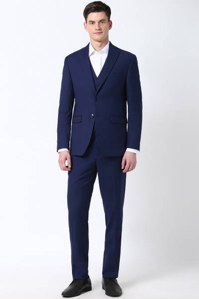 PETER ENGLAND Men Navy Solid Slim Fit Formal Three Piece Suit Solid Men Suit