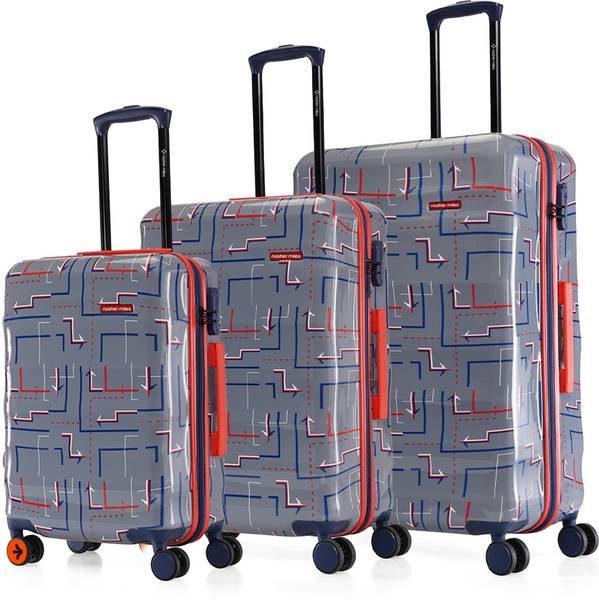 NASHER MILES Hard-Sided Polycarbonate Printed Grey Trolley Bags (55, 65 & 75 cm) Cabin & Check-in Set 8 Wheels - 28 inch