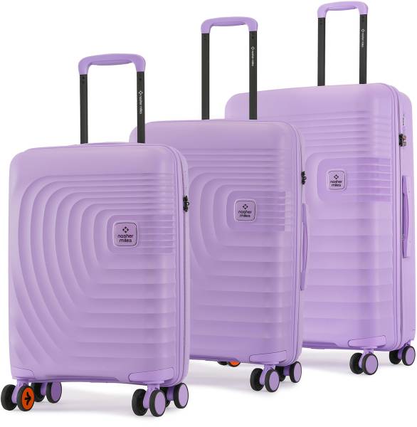 NASHER MILES Boston Hard-Sided Polypropylene Luggage Set of 3 Purple Trolley Bag(55,65&75cm) Cabin & Check-in Set 8 Wheels - 28 Inch