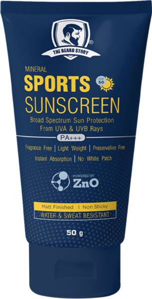 THE BEARD STORY Sunscreen - SPF 50 PA+++ Mineral Sports Sunscreen, Spf 50 Pa+++, No White Cast, Sun Burn And Tan Protect