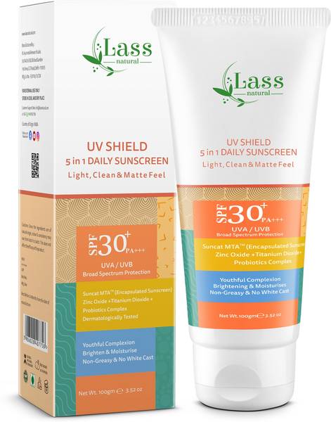 Lass Natural Sunscreen - SPF 30+ PA+++ Matte Finish Sunscreen Lotion|UVA & UVB Protection|No White Cast|With Suncat MTA