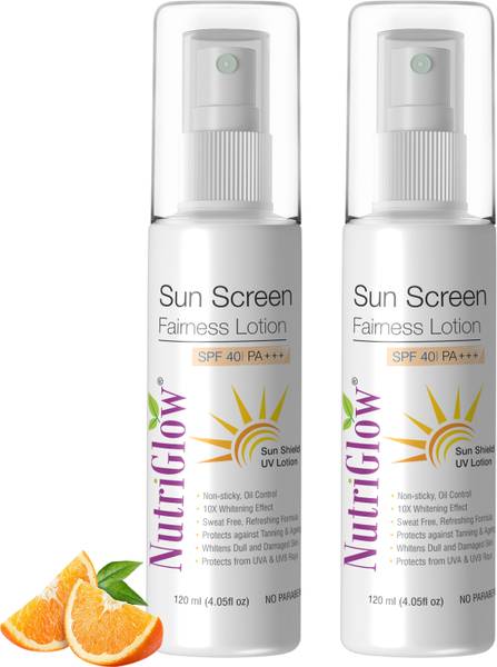 NutriGlow Sunscreen Fairness Lotion SPF 40 PA+++, Tan Free Skin,120ml, Pack of 2 - SPF 40 PA+++