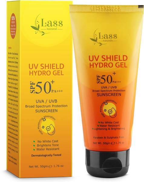 Lass Natural Sunscreen - SPF 50 PA+++ Hydro Gel|UVA & UVB Protection|No White Cast for Broad Spectrum|With Suncat MTA