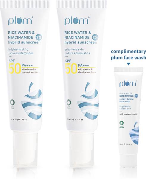 Plum Sunscreen - SPF 50 PA+++ 2% Niacinamide & Rice Water Sunscreen | No White Cast + Free Face Wash