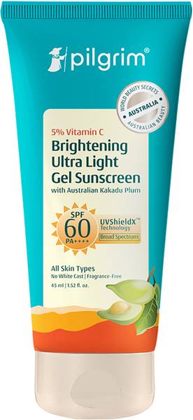 Pilgrim Sunscreen - SPF 60 PA++++ 5% Vitamin C Brightening Ultra Light Gel Sunscreen with Australian Kakadu Plum